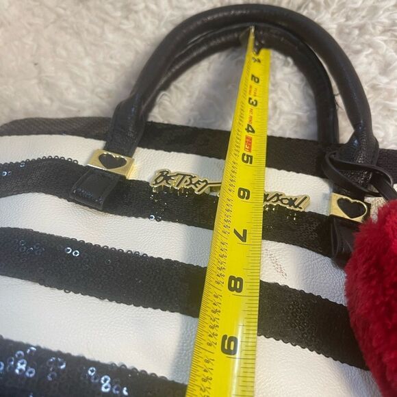 Betsey Johnson Synthetic Black sequins and White Striped satchel red accents - Picture 11 of 13